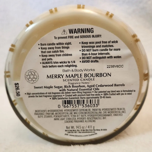 Discontinued Bath & Body Works Merry Maple Bourbon 3 Wick Candle 14.5 oz. NEW - Picture 2 of 3